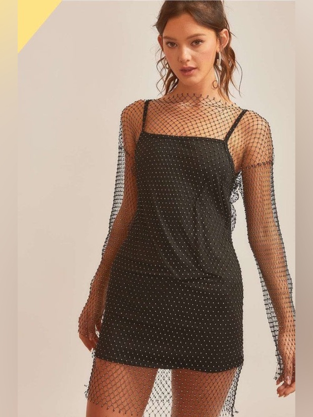 MAIN STRIP RHINESTONE SHEER MESH OVERLAY SLIP DRESS, BLACK, LARGE